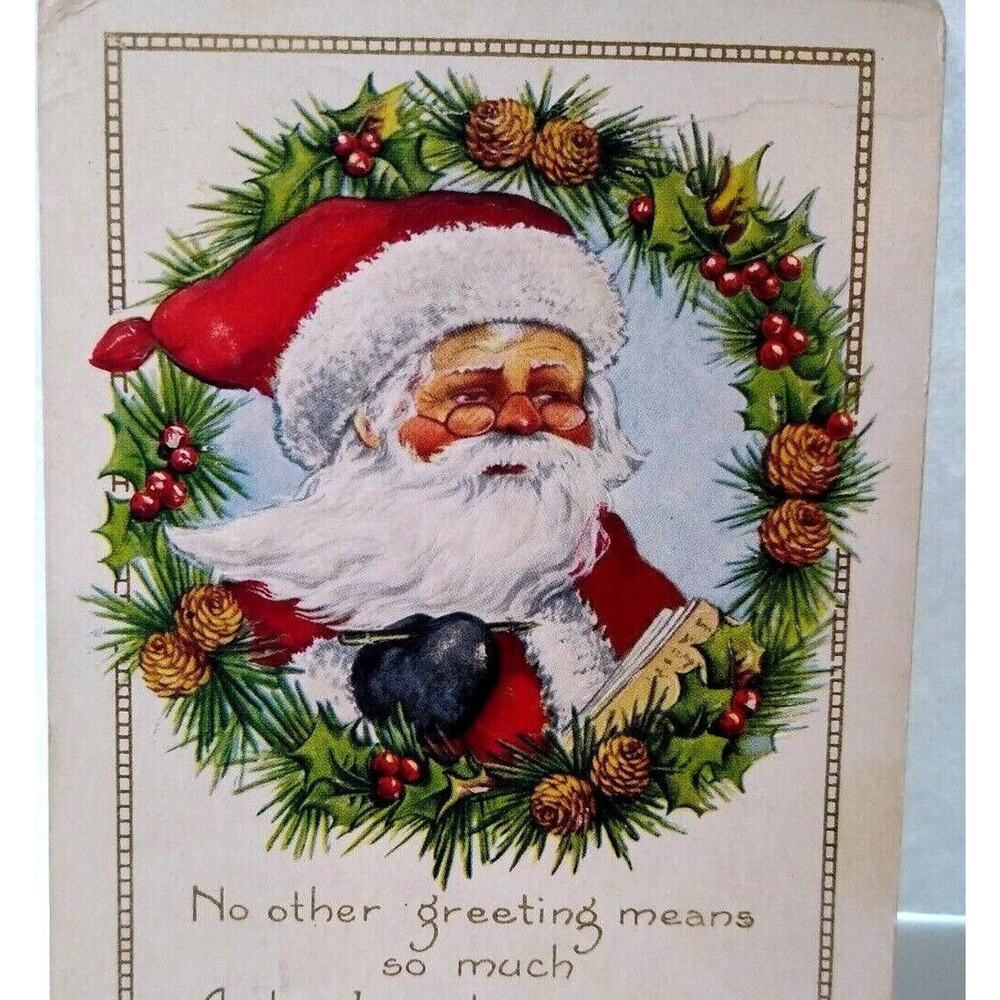 Christmas Postcard Santa Claus Behind Decorated Wreath 1923 Whitney Vintage